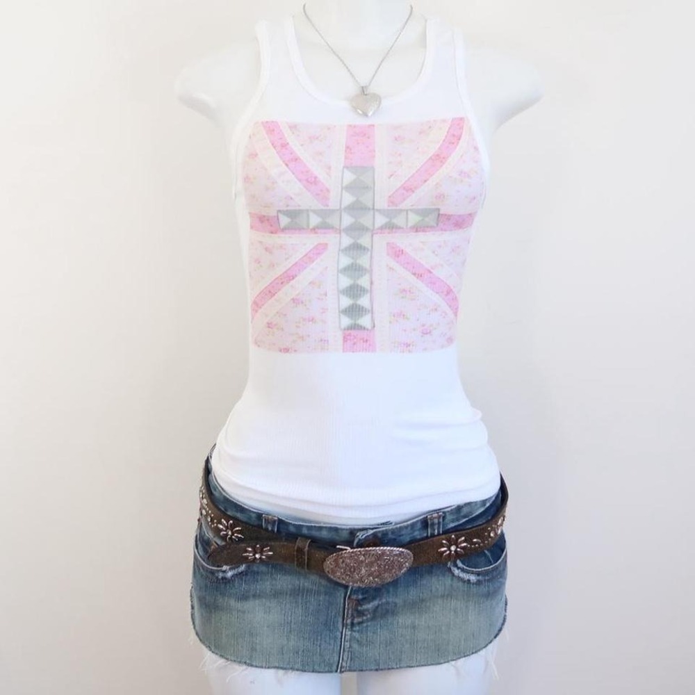 y2k union jack studded cross tank white ribbed baby tee